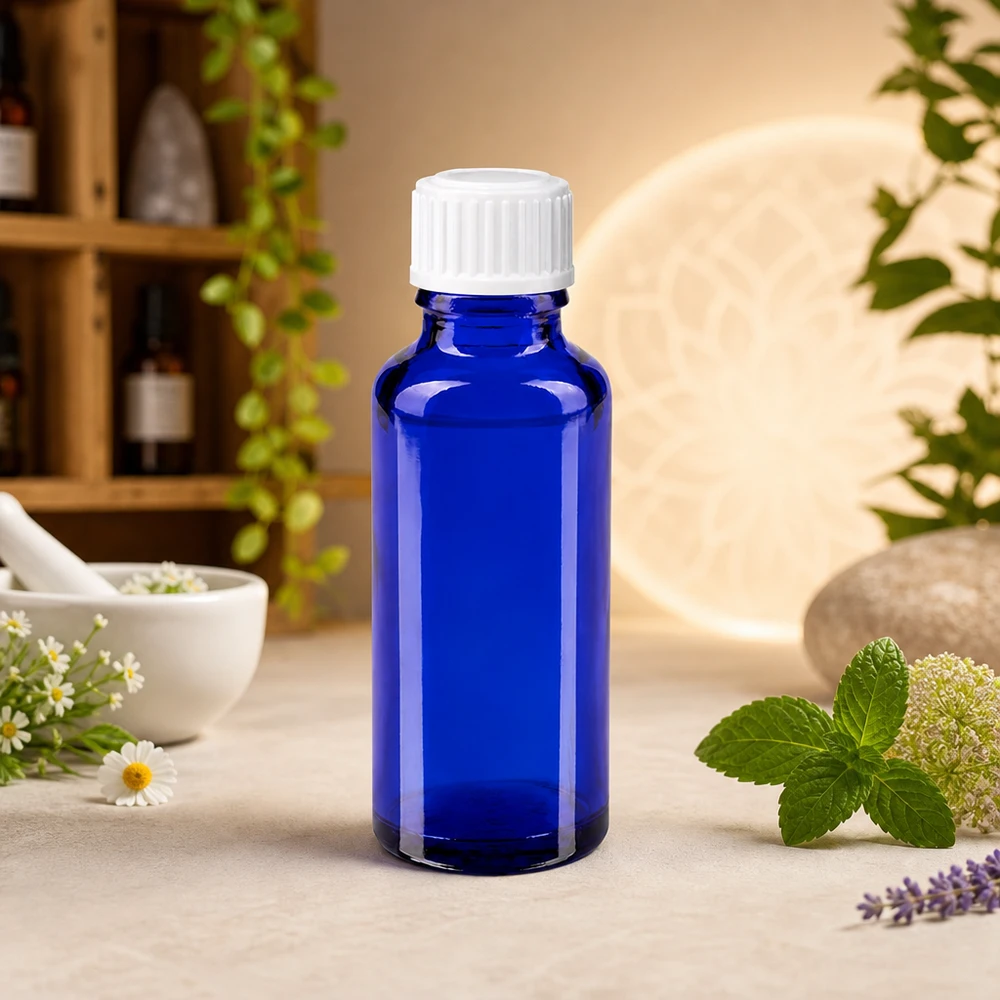 Flacon de pharmacie bleu cobalt 30 ml GR STD avec bouchon blanc, dans un décor naturel à base de plantes