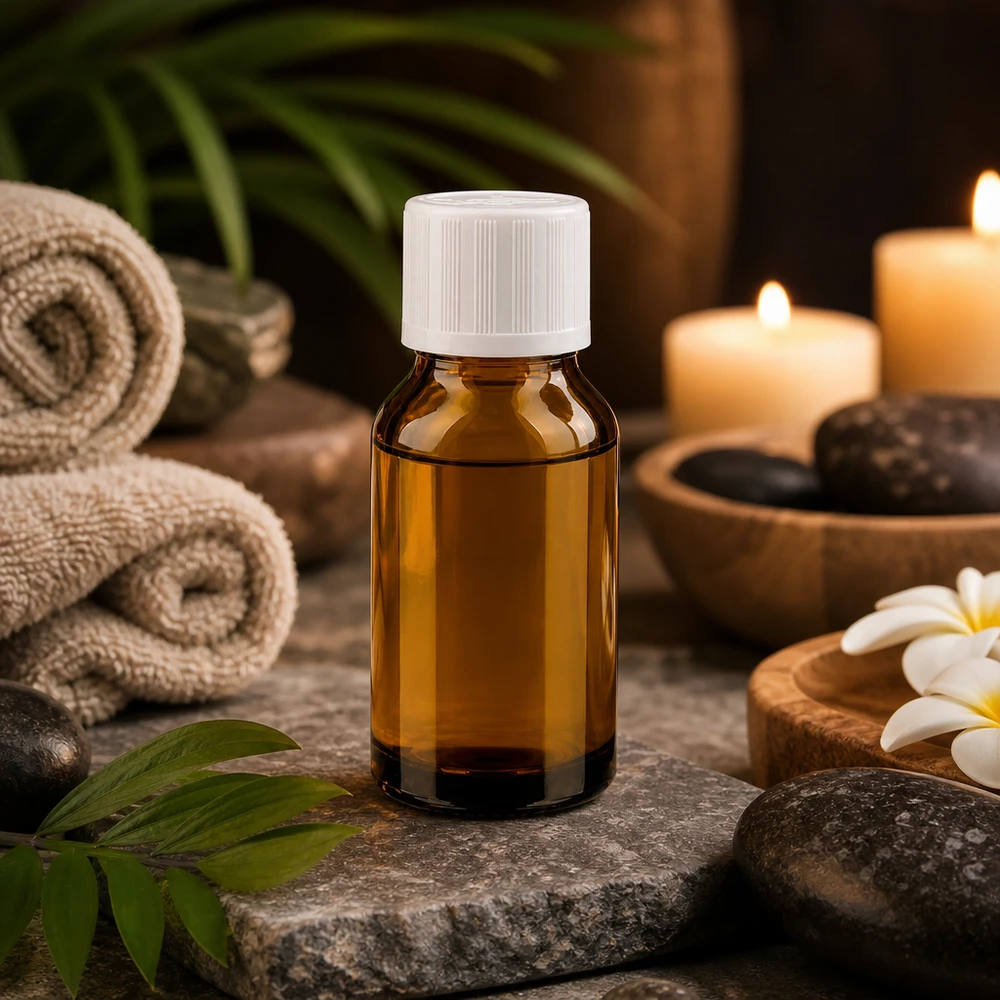 Flacon de pharmacie en verre brun de 15 ml avec bouchon KiSi, à côté de pierres de massage et de bougies