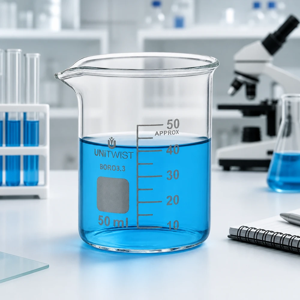 Bécher 50ml borosilicate, forme basse UNiTWIST Verre à bec UNiTWIST de 50 ml, en verre BORO 3.3 résistant à la chaleur, avec zone d'étiquetage, destiné à un usage en laboratoire