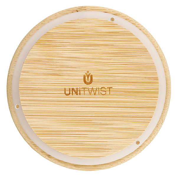 Couvercle en bois RR100 WECK UNITWIСT Couvercle en bois pour WECK RR100 par le haut avec logo visible et veines de bois sur fond blanc