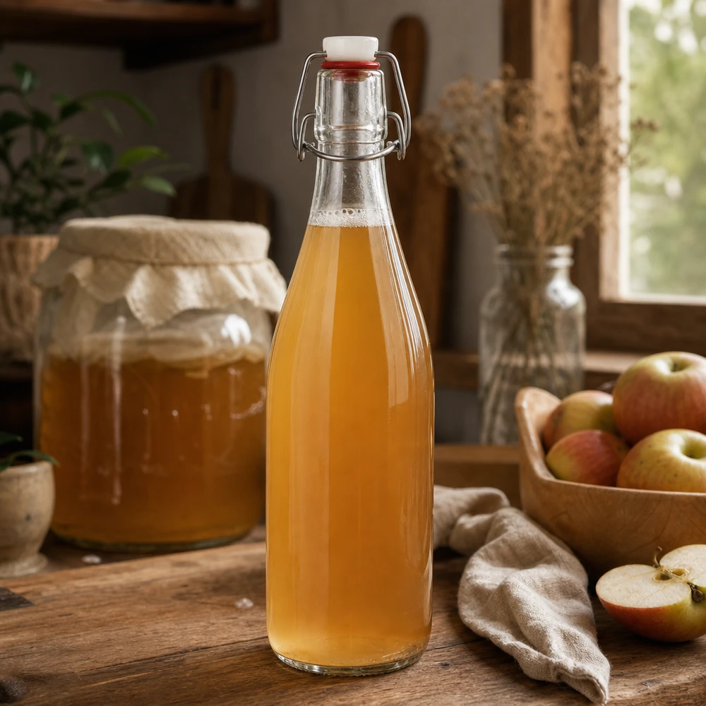 Bouteille en verre de 500 ml + bouchon mécanique PVC UNiTWIST Bouteille en verre 500ml bouchon à étrier remplie de jus de pomme cuisine rustique boisson aux fruits fait maison naturel