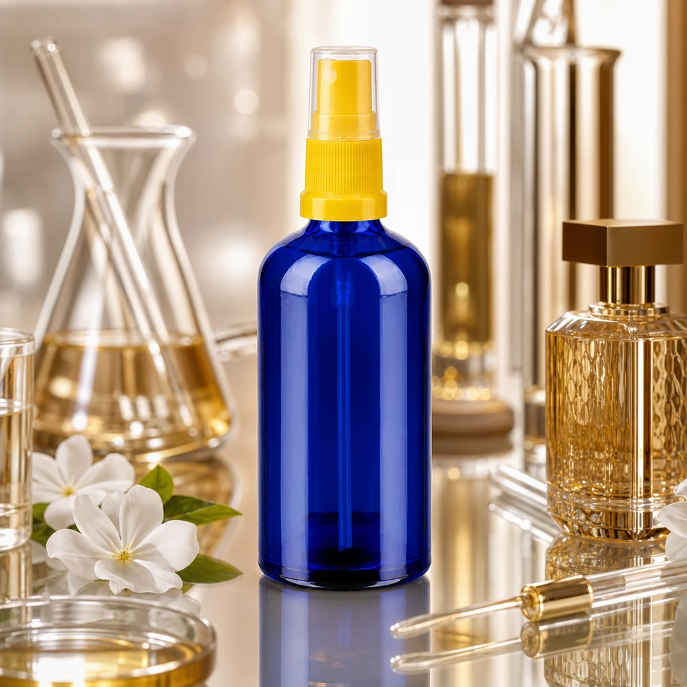Vaporisateur 100ml jaune/tr. STD BlueLine UT18/100 Vaporisateur professionnel en verre de 100 ml avec filetage STD pour les applications aromathérapeutiques