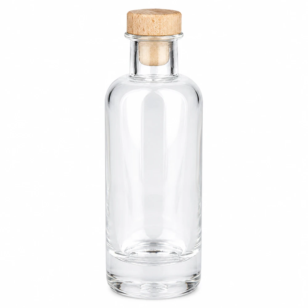 Bouteille en verre 200ml Ella avec bouchon en bois transparent vide Photo du produit sur fond blanc