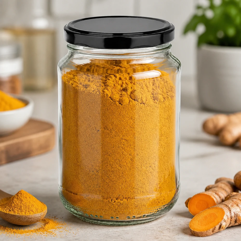 375ml pot rond rempli de poudre de curcuma montre une utilisation pratique comme pot à épices avec couvercle noir