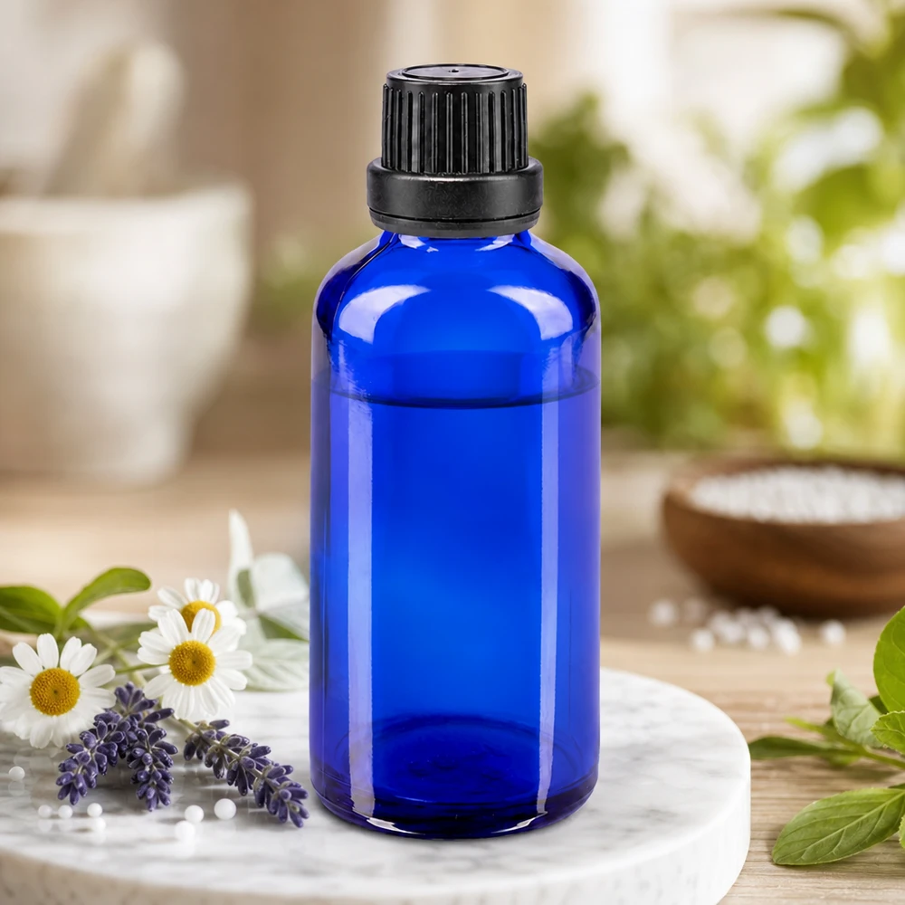Flacon de pharmacie bleu 50ml bouchon vissable noir bouchon inviolabilité Flacon de pharmacie bleu de 50 ml muni d'un bouchon OV, posé sur un plateau en marbre à côté de plantes médicinales et de granules homéopathiques