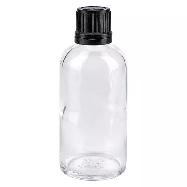 Flacon à pharmacie transparent 50ml bouchon vissable noir bouchon inviolabilité Flacon à pharmacie transparent 50ml bouchon vissable noir bouchon inviolabilité