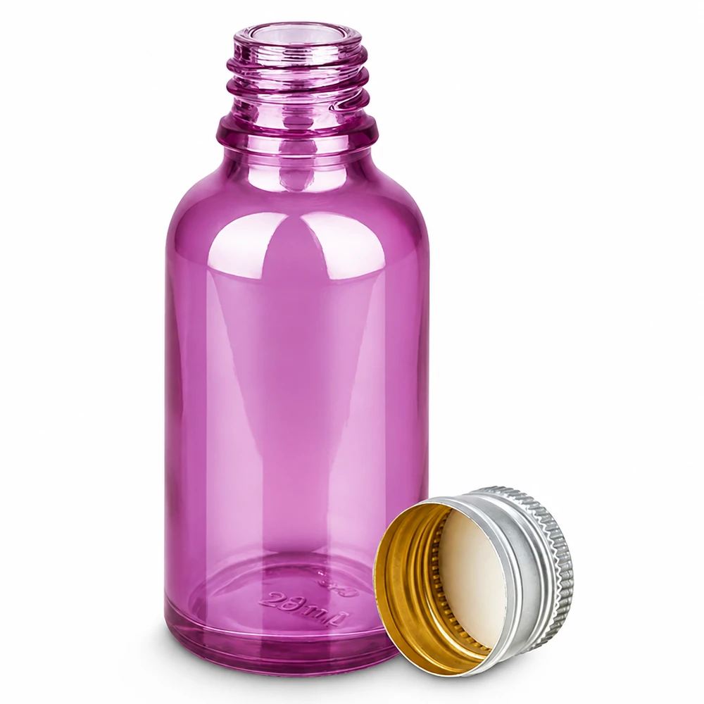 Flacon 30ml bouchon à vis 11mm alu-argent standard PurpleLine.UT18/30 Bouteille cosmétique en verre 30ml teinté violet avec bouchon robuste en aluminium 11mm