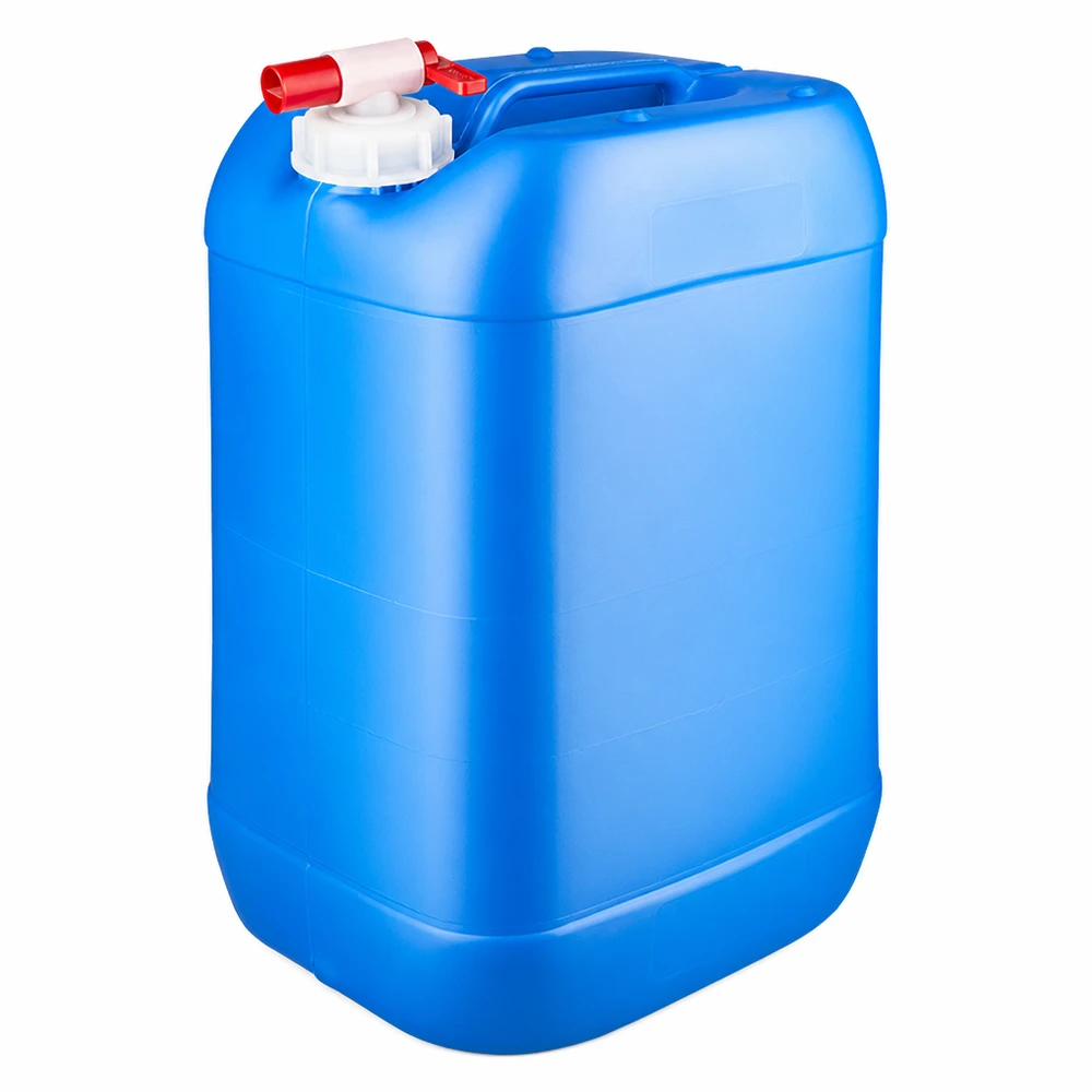 Bidon rectangulaire bleu de 25 litres en plastique HDPE, muni d'un robinet pratique