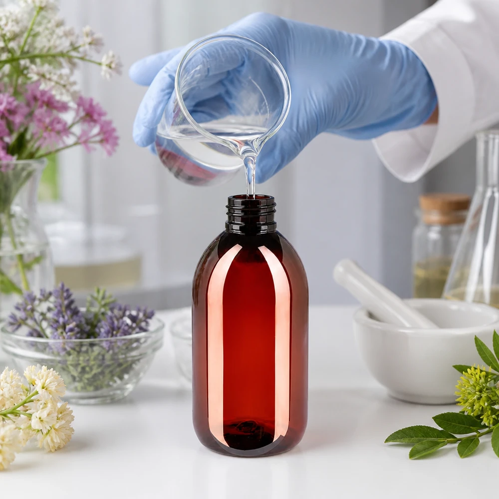 Bouteille PET 250ml avec bouchon marron,bouchon d'inviolabilité Handliche PET Flasche 250ml in Bernsteinfarbe mit Originalitätsverschluss beim professionellen Abfüllen