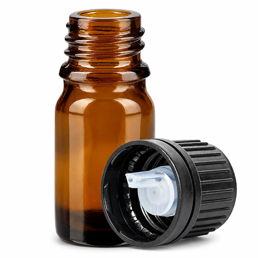 Flacon compte-goutte 5ml 1mm noir OV BrownLine UT18/5 Flacon compte-gouttes en verre brun de 5ml avec ouverture de 1mm et bouchon à vis noir série BrownLine