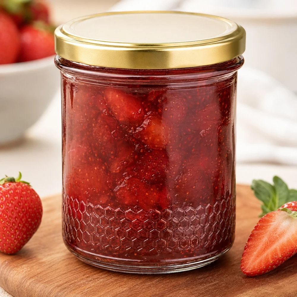 Pot à miel de 400 ml avec couvercle BasicSeal UNiTWIST doré comme pot à confiture pour confiture de fraises avec fond alvéolé