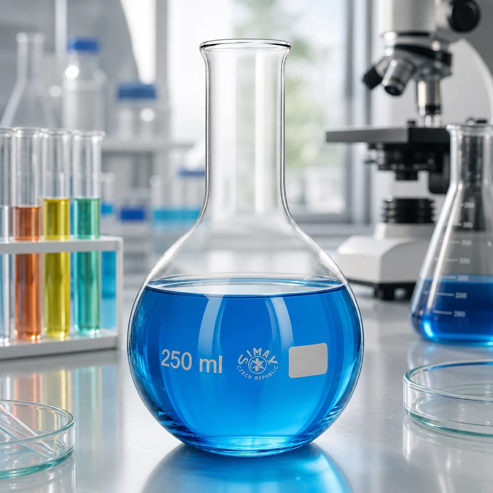 Ballon à fond plat 250ml en borosilicate à col étroit avec bord arrondi Ballon en verre 250ml à col étroit dans un environnement de laboratoire professionnel avec microscope