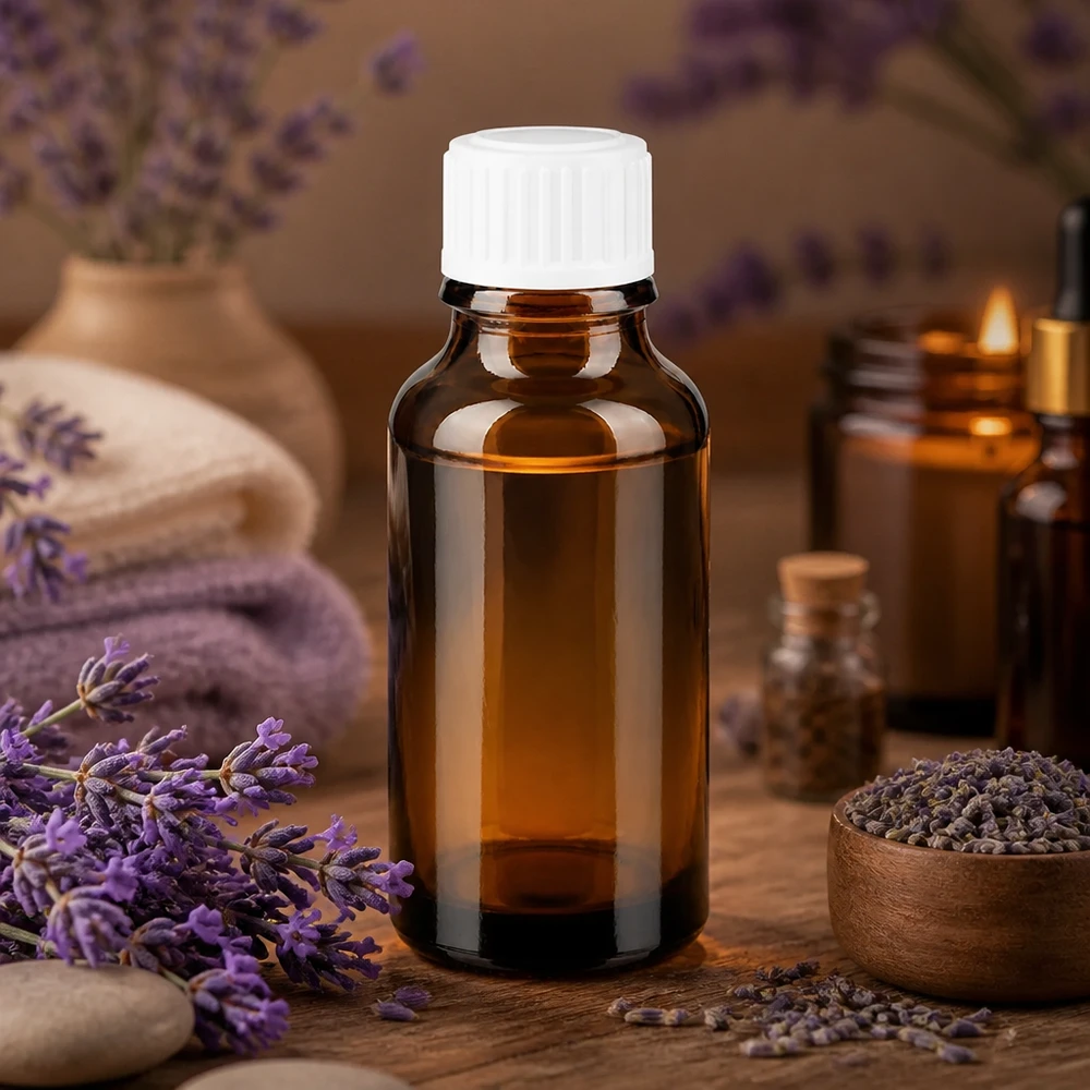 Flacon en verre brun de 20 ml avec bouchon à vis blanc, pour l'huile de lavande et l'aromathérapie