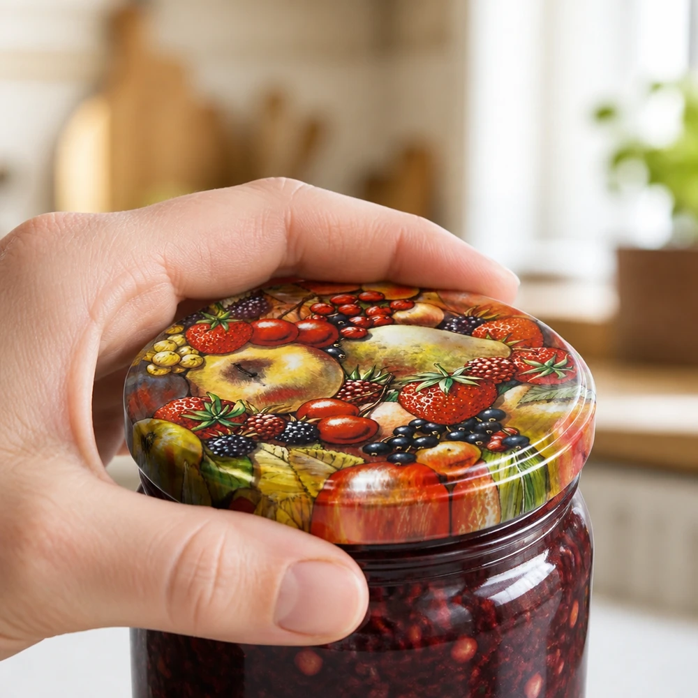 Couvercle BasicSeal 82 mm, motif fruits (TO82) UNiTWIST Couvercle BasicSeal Twist-Off 82 mm, motif fruits, lors de la fermeture d'un bocal de conserve dans une cuisine