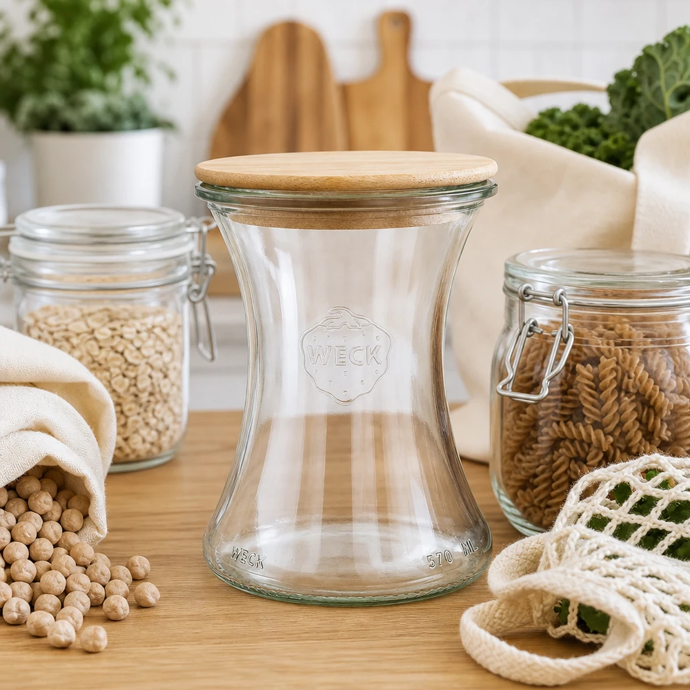 370ml bocal à gourmandises WECK RR80 avec couvercle en bois WECK Pot à délicatesse 370ml RR80 avec couvercle en bois dans la cuisine Zero Waste avec boîtes à provisions durables et sacs en tissu