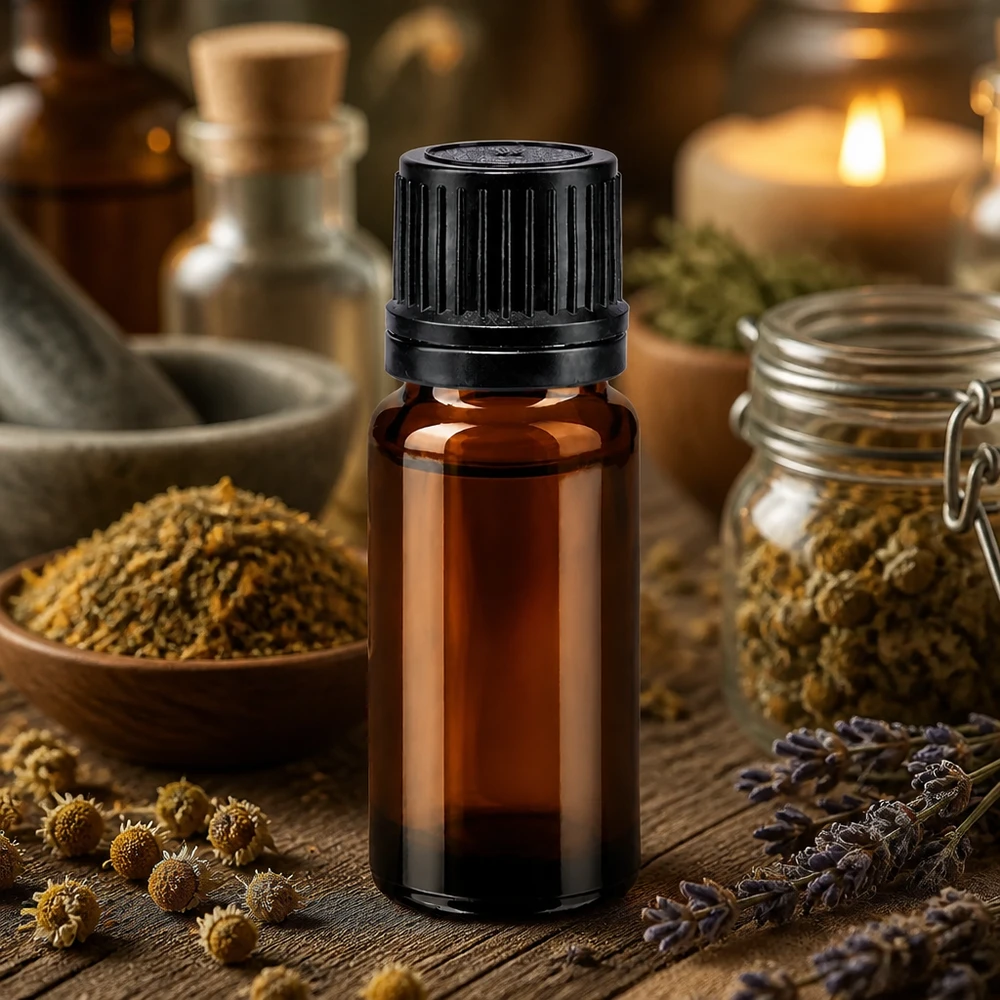 Flacon en verre brun foncé de 10 ml muni d'un compte-gouttes de 1 mm, posé sur un socle en bois rustique orné de plantes médicinales