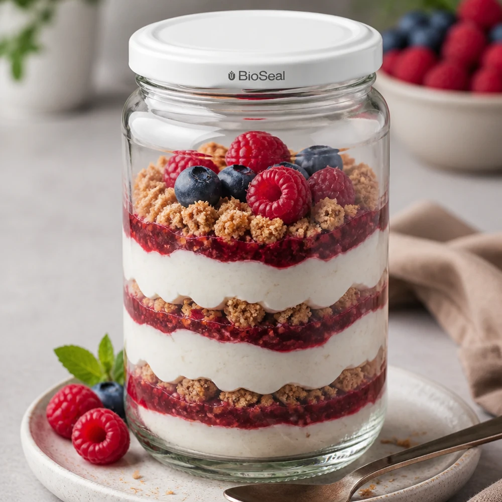 305ml Verre rond avec couvercle BioSeal blanc UNiTWIST UNiTWIST Runda305 avec couvercle BioSeal comme coupe à dessert - dessert en couches avec baies et yaourt servi avec style