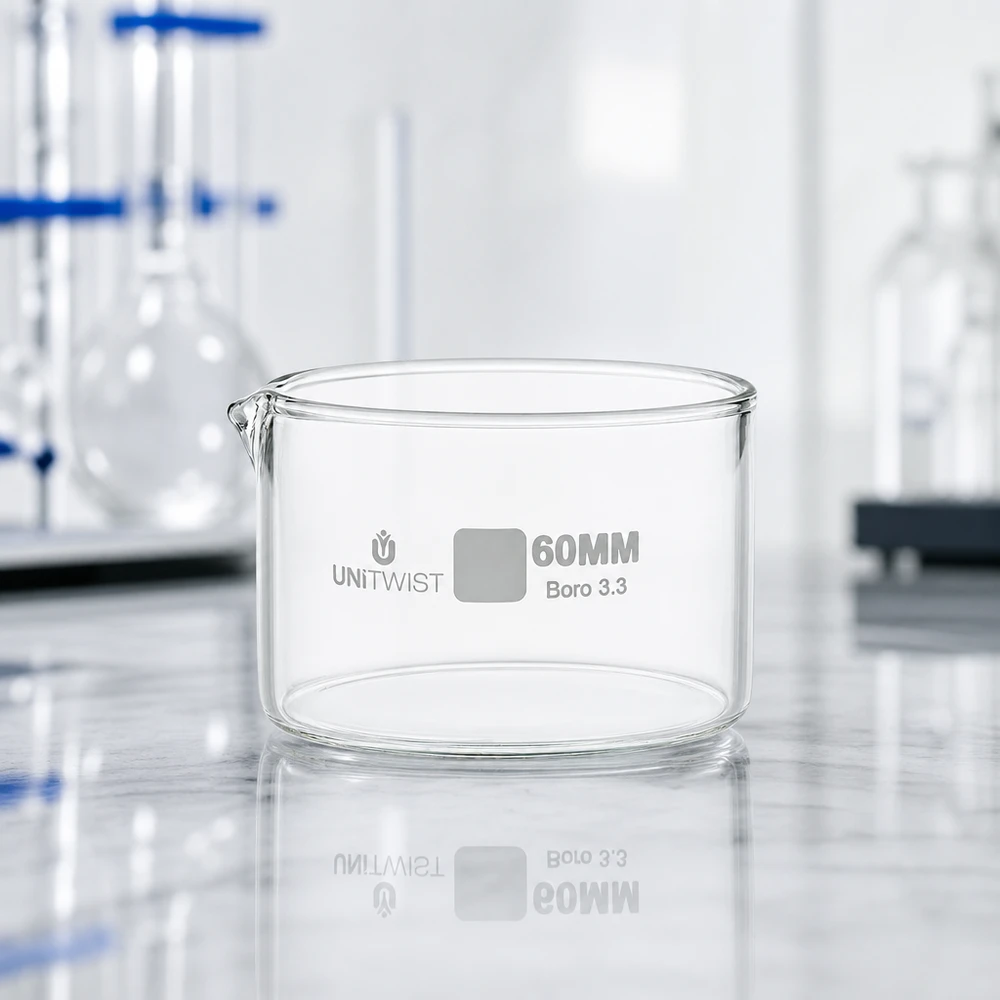 Coupelle d'évaporation transparente en verre borosilicaté de 60 mm, avec un petit bec verseur et un fond en verre épais