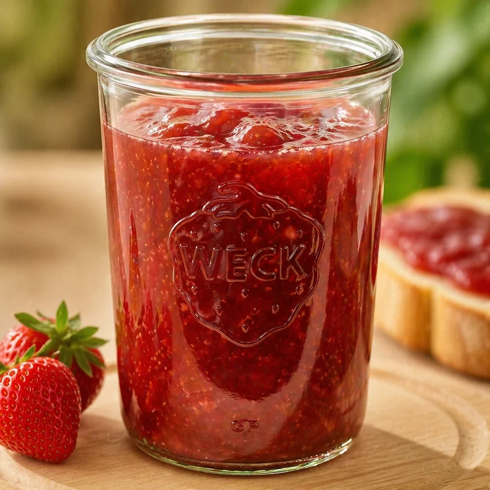 850ml bocal conique WECK RR100 850ml WECK Sturzglas RR100 mit Erdbeermarmelade gefüllt auf Holzbrett neben frischen Erdbeeren und Brot