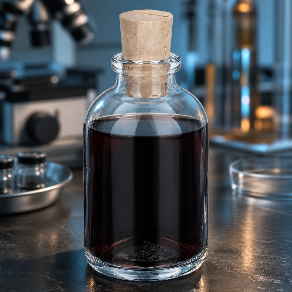 Flacon en verre clair 50 ml avec bouchon de liège 11/14 mm Borosilikatglasflasche 50ml mit Korkstopfen im professionellen Laborumfeld mit Mikroskop