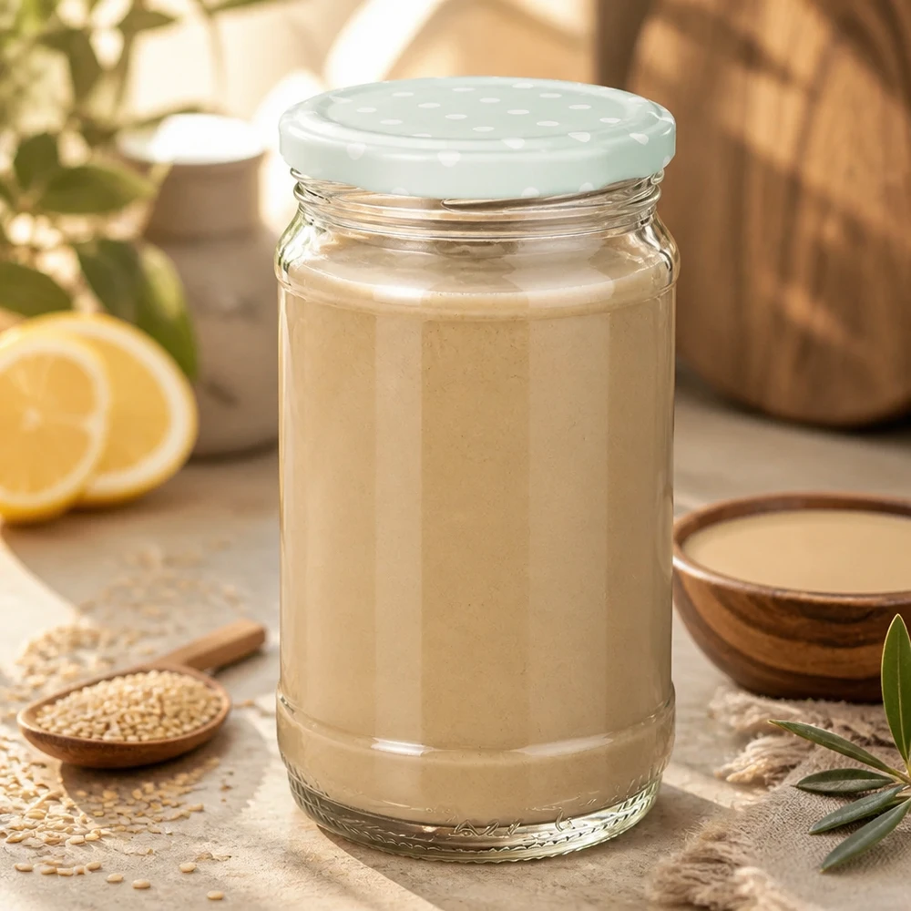 Bocal rond en verre de 370 ml + BasicSeal à pois menthe mat UNiTWIST Tahini dans un bocal rond UNiTWIST de 370 ml avec un couvercle BasicSeal vert menthe à pois, à côté du sésame et du citron