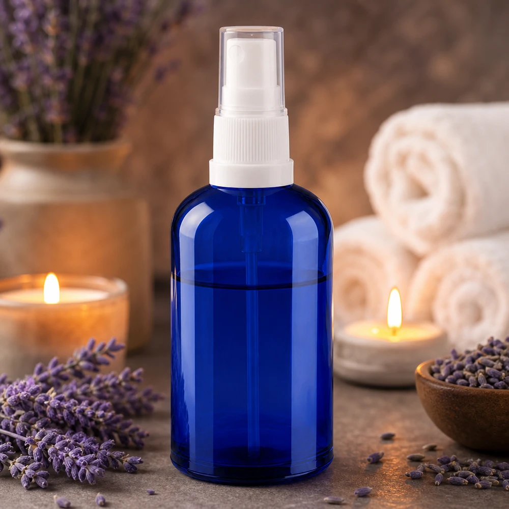 100ml spray blanc/tr. STD BlueLine UT18/100 Vaporisateur en verre bleu de 100 ml avec pompe blanche pour l'aromathérapie et le bien-être