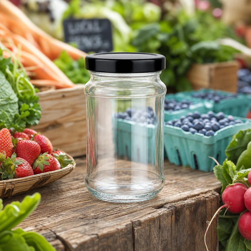 390ml Verre rond avec couvercle BasicSeal noir UNiTWIST Verre rond de 390 ml avec couvercle BasicSeal noir sur une table en bois parmi les fruits et légumes frais du marché