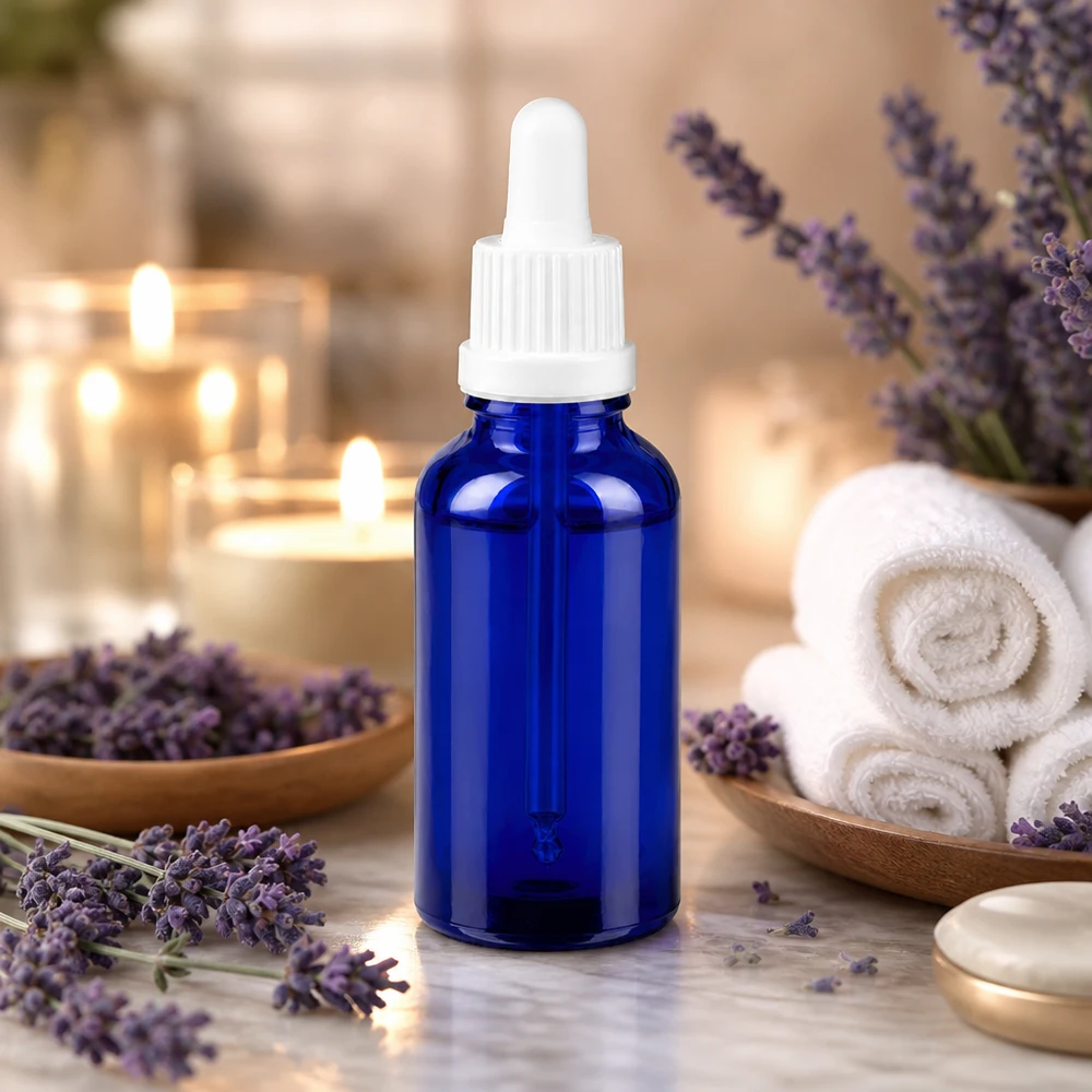 Flacon à pipette 30ml blanc OV BlueLine UT18/30 Petit flacon à pipette de 30 ml en bleu cobalt avec protection UV pour les produits sensibles à la lumière