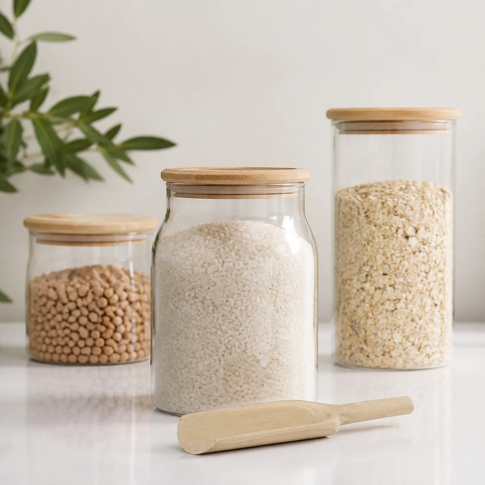 Pelle en bois L 18cm plate à côté de bocaux de stockage avec riz céréales et légumineuses Accessoires de cuisine Zero Waste