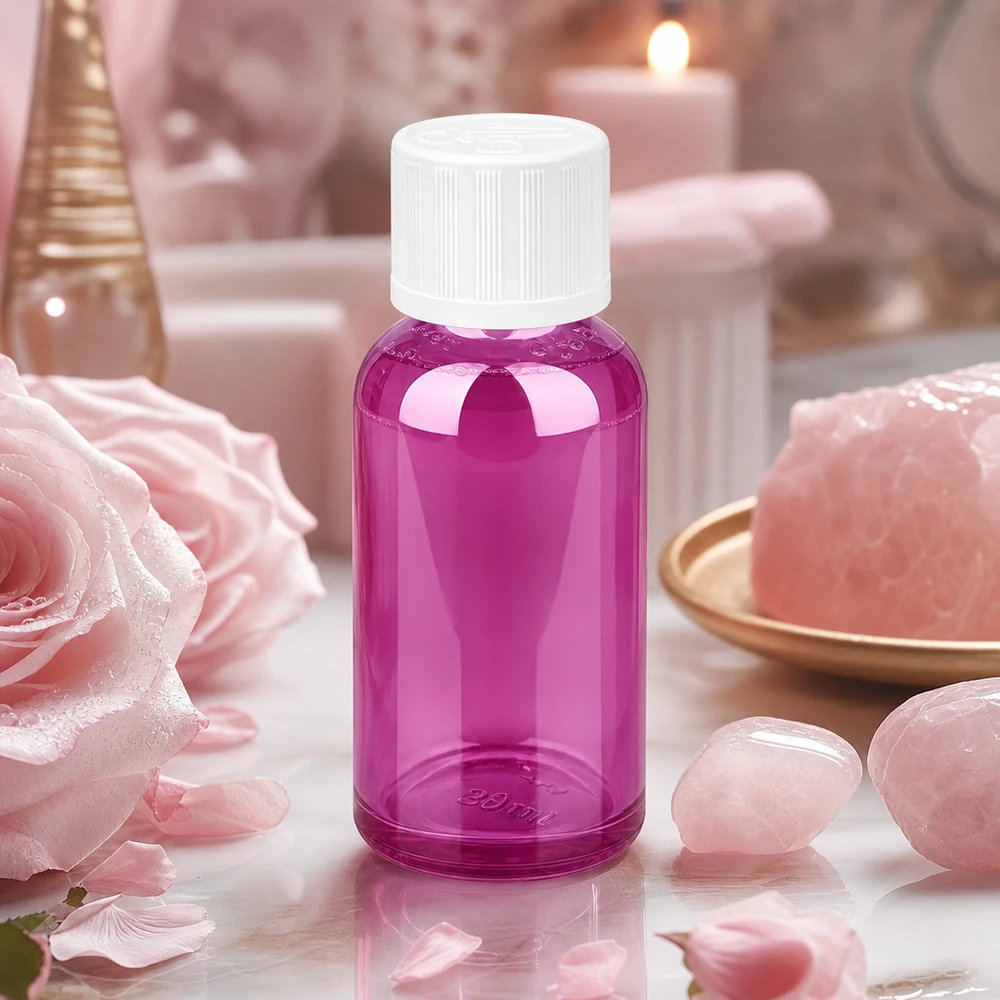 Flacon 30ml bouchon à vis 11mm blanc standard sécurité enfant PurpleLine UT18/30 Flacon en verre violet photoprotecteur de 30 ml - protection UV optimale pour les ingrédients sensibles