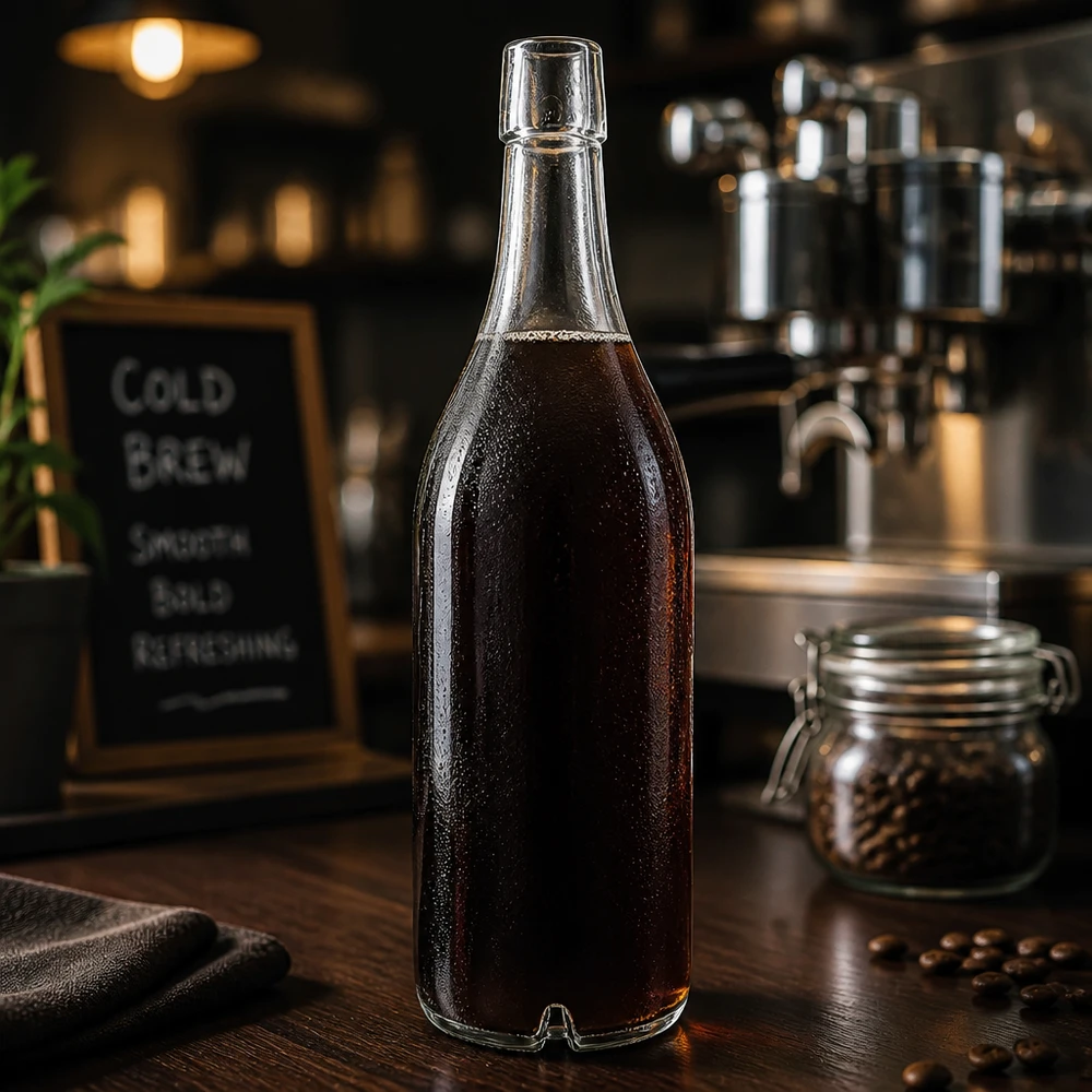 Bouteille en verre de 1000 ml sans bouchon mécanique UNiTWIST Bouteille en verre 1000ml UNiTWIST remplie de Cold Brew Coffee Grains de café Atmosphère Café Bouchon à vis foncé