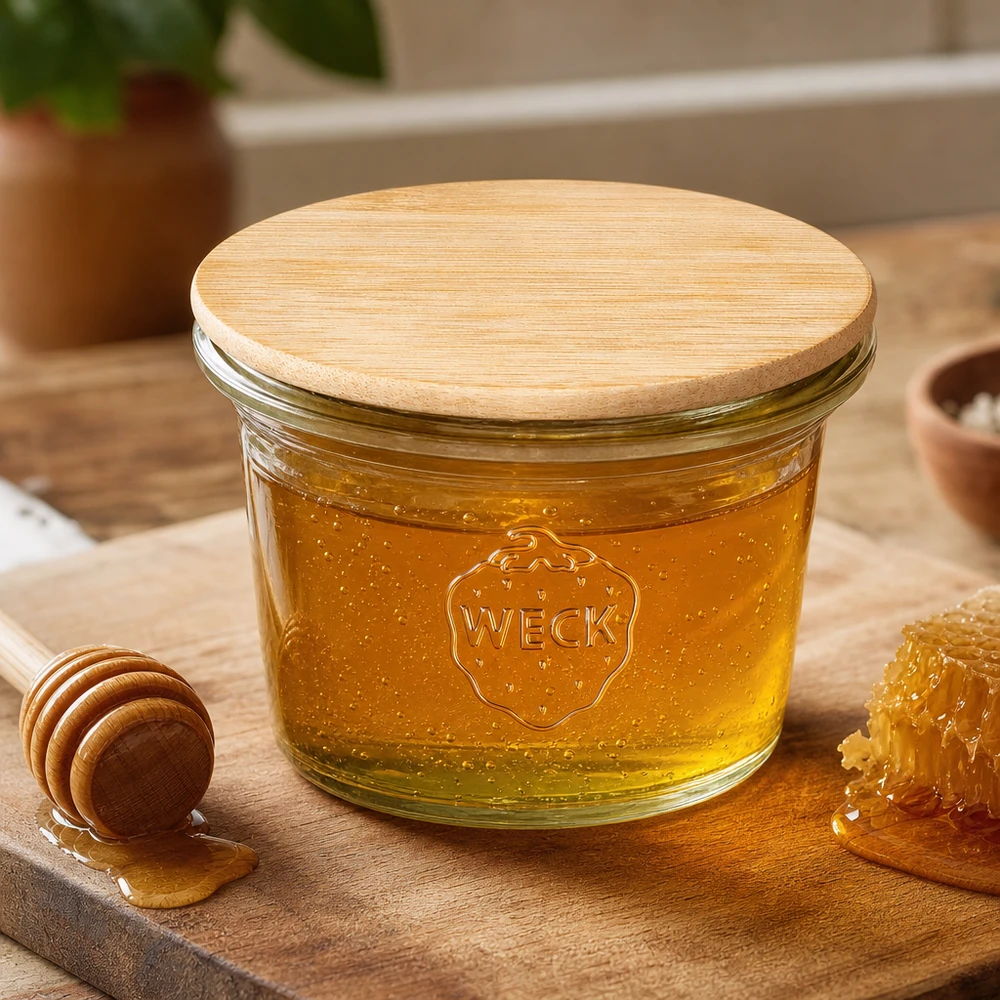 WECK RR40 Pot renversé 35 ml avec couvercle en bois de bambou rempli de miel à côté de la cuillère à miel et du rayon de miel sur fond en bois