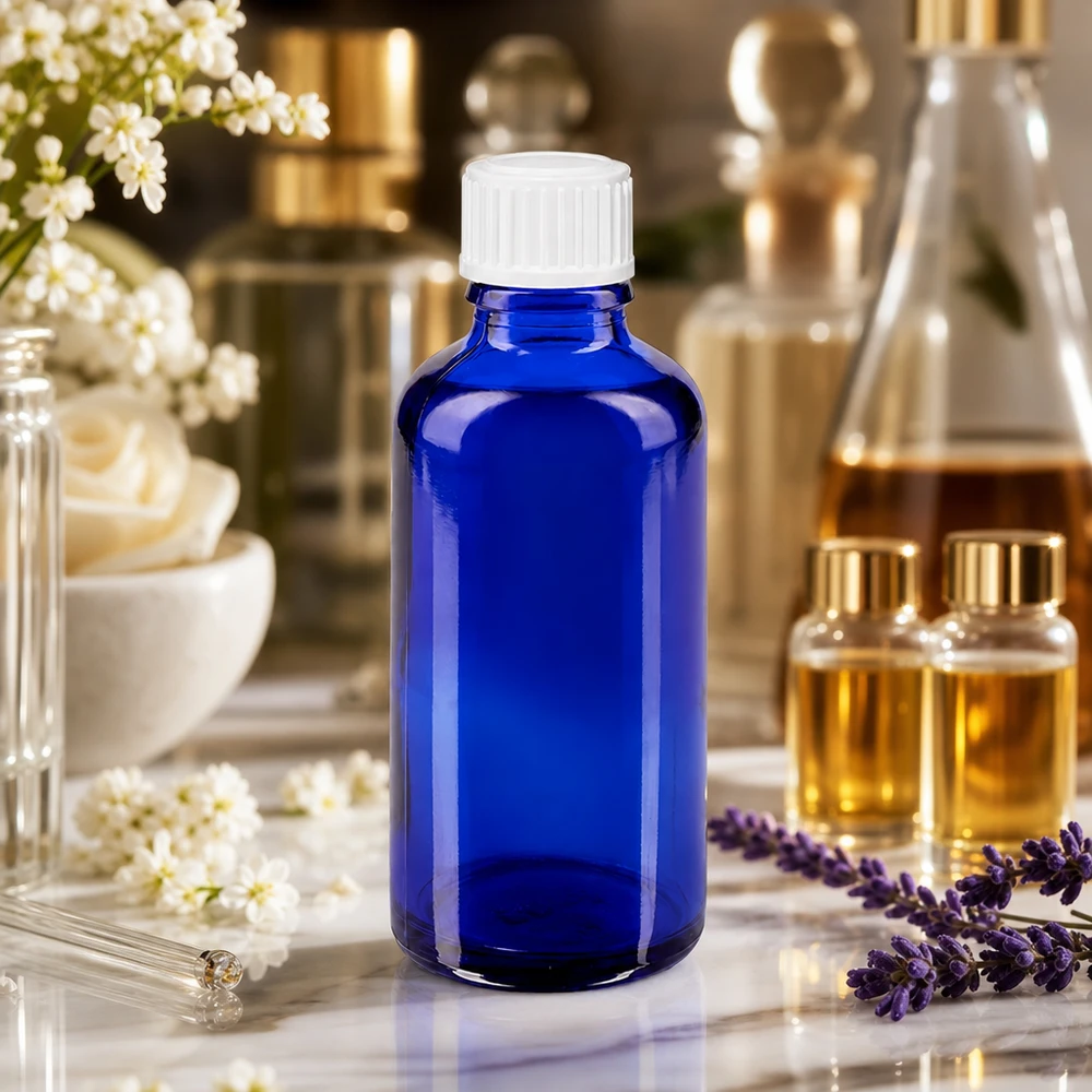 Flacon de pharmacie de 50 ml en verre bleu, muni d'un compte-gouttes précis de 0,9 mm pour un dosage exact