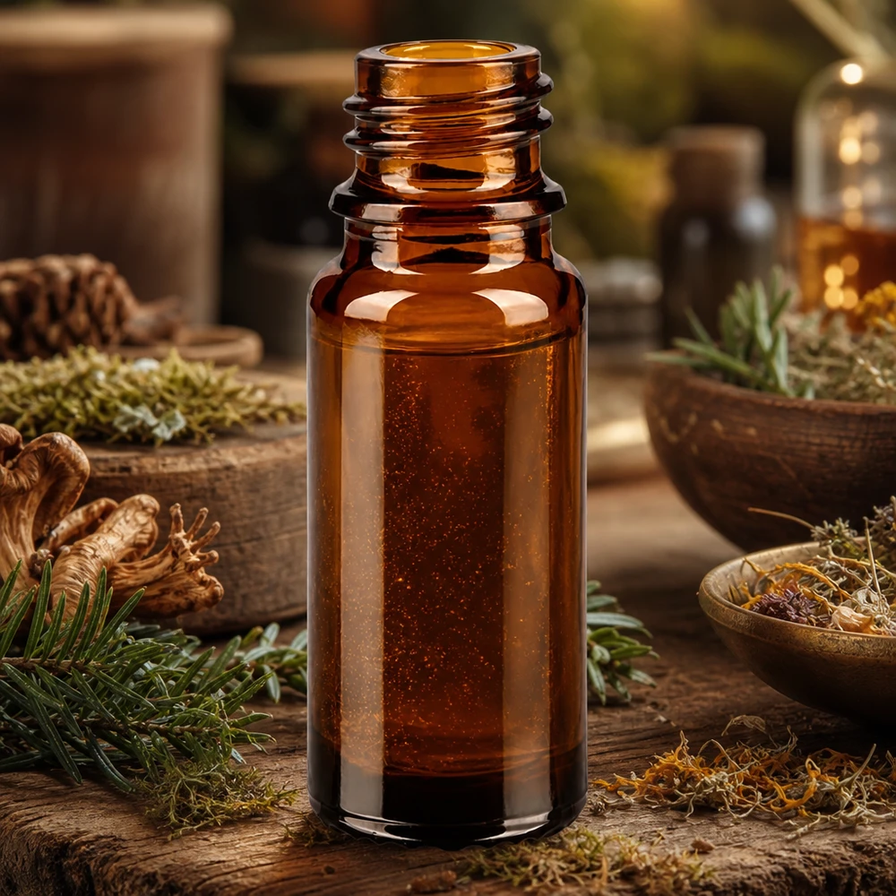 Bouteille de pharmacie brune de 10ml ApoGlas avec des pommes de pin et des conifères pour des remèdes naturels et des teintures