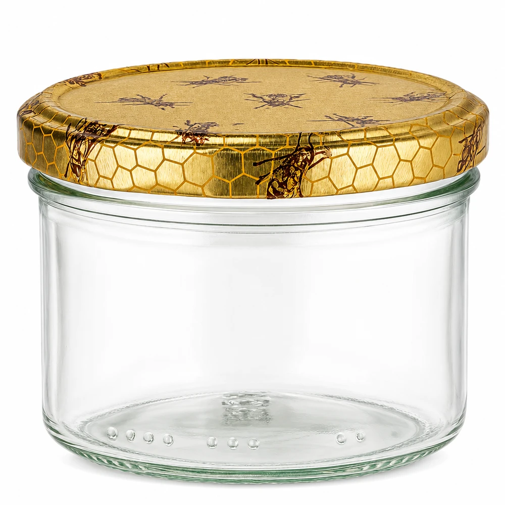 Pot à miel 300 g avec couvercle motif rayon de miel BasicSeal UNiTWIST Pot à miel vide en verre de 300g avec couvercle à visser doré en nid d'abeille pour le miel et la confiture