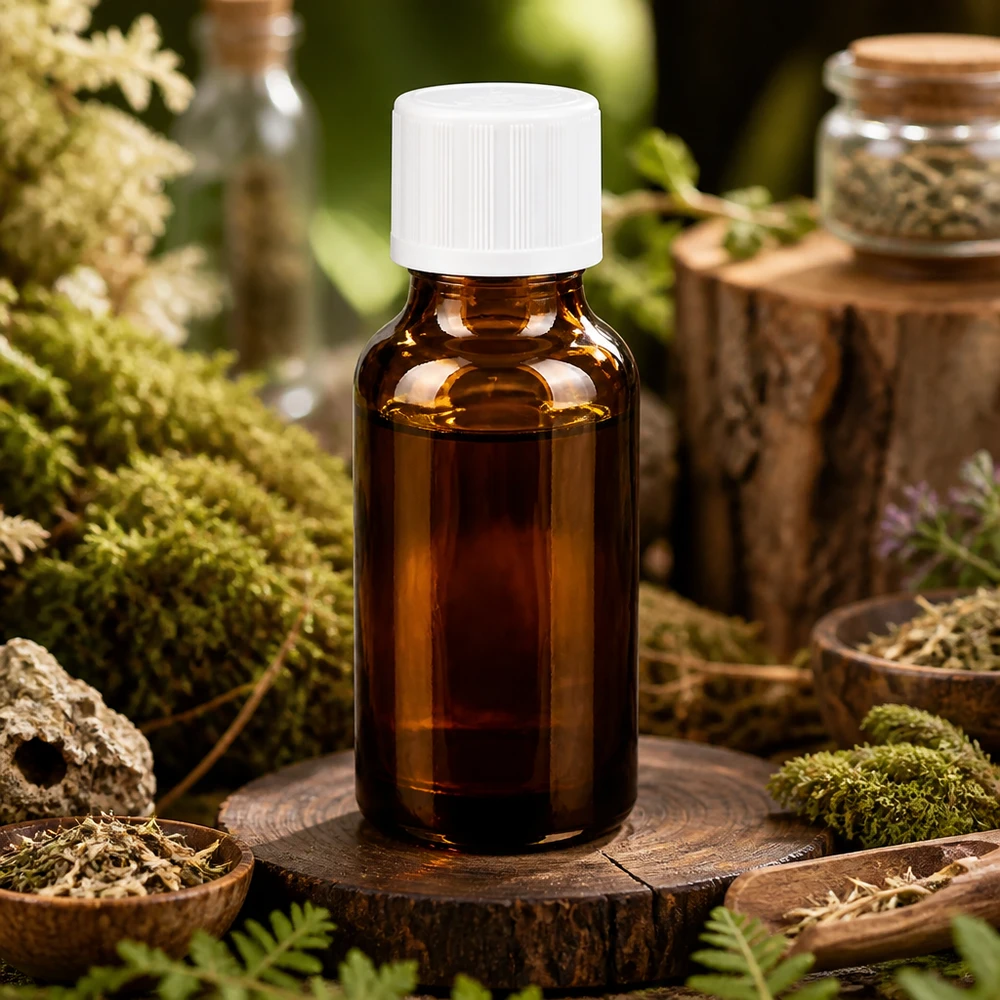 Flacon pharm. brun 20ml, bouchon blanc, sécu. enfant std. Flacon de pharmacie en verre ambré de 20 ml avec bouchon compte-gouttes à sécurité enfant, dans un décor forestier naturel