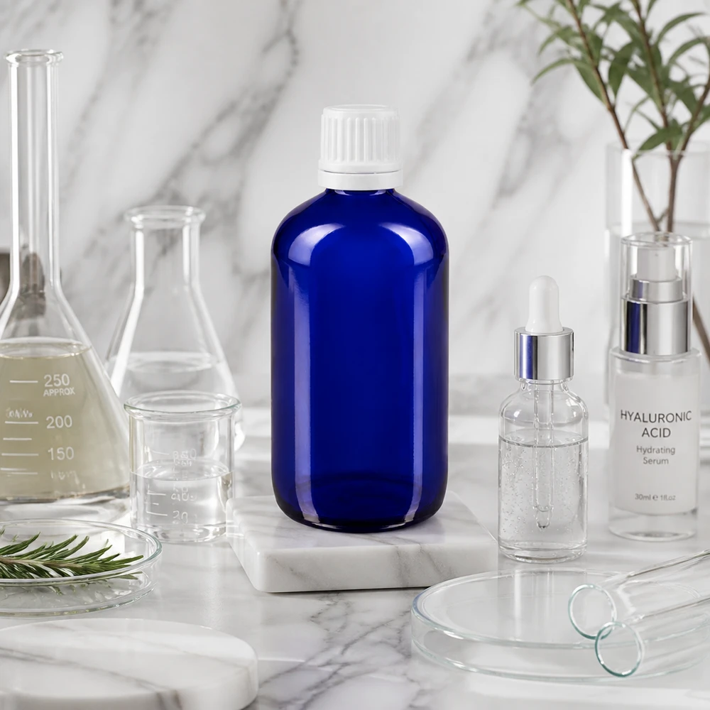 Flacon de pharmacie bleu 100ml bouchon compte-gouttes 1.2mm blanc bouchon inviolabilité Flacon compte-gouttes en verre pharmaceutique de 100 ml, bleu, avec bouchon blanc à sécurité enfant, dans un environnement de laboratoire