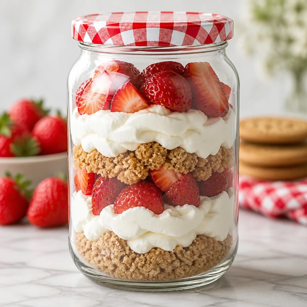 1062ml Verre rond BasicSeal Couvercle Verre à dessert Stratifié Fraises Crème Fond de Biscuit Trifle