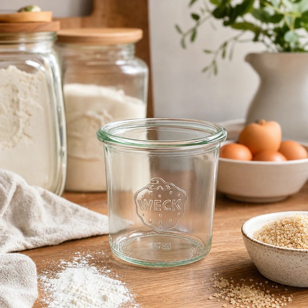 140ml bocal conique WECK RR60 140ml WECK Pot renversé RR60 Pot de conservation avec logo sur table en bois dans une cuisine moderne avec des bocaux à provisions et des ingrédients