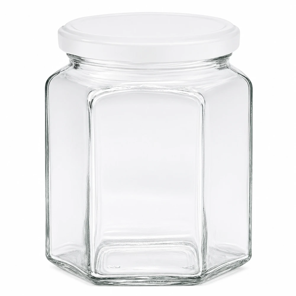 Pot à miel 400 g avec couvercle blanc BasicSeal UNiTWIST Pot de miel hexagonal de 400g avec couvercle blanc à visser en verre pour le miel et la confiture