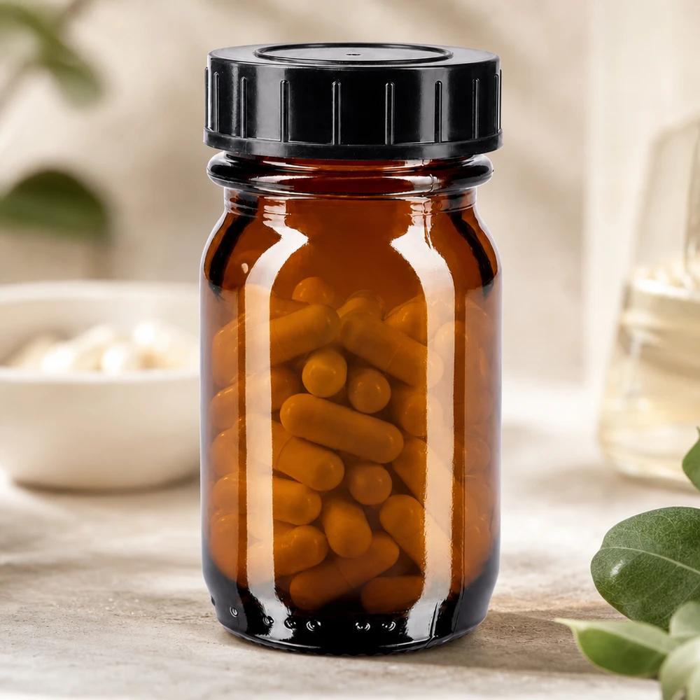 Petit flacon en verre brun de 30 ml à large ouverture, idéal pour les pilules et les compléments alimentaires.