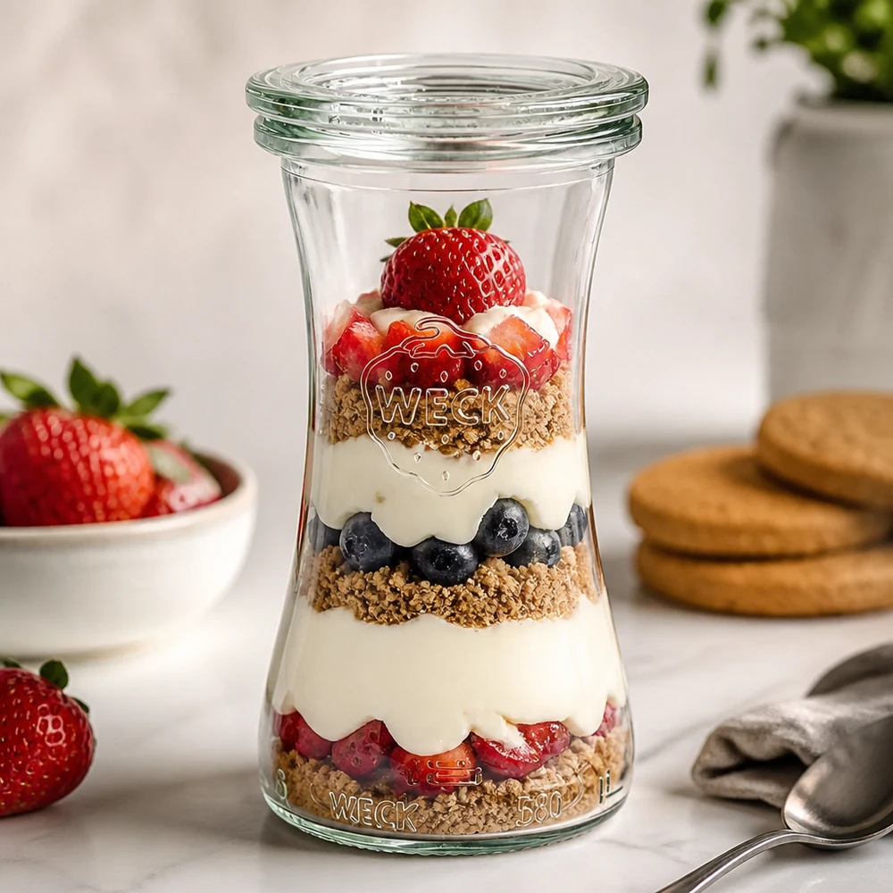 WECK Pot de délicatesse 100ml RR40 avec dessert stratifié à base de yaourt baies et granola servi comme parfait