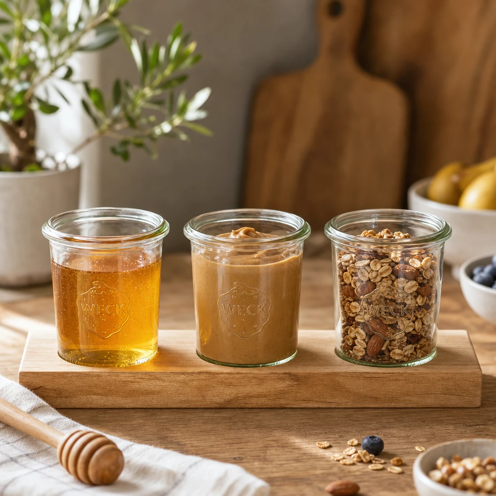 Planche à servir en bois avec des pots Weck 160ml remplis de miel, de beurre de noix et de céréales dans une cuisine moderne
