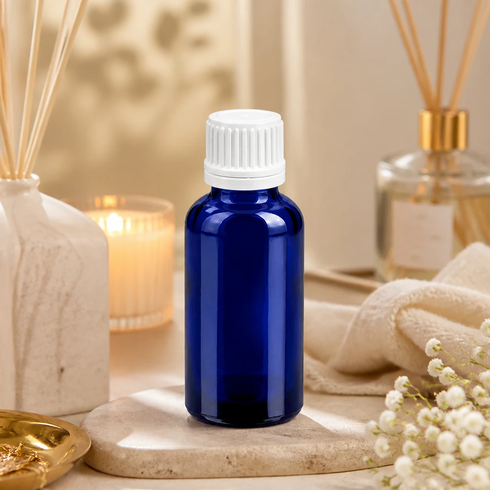 Flacon 30ml 11mm SV blanc OV BlueLine UT18/30 Bouteille en verre bleue élégante de 30 ml avec couvercle blanc idéale pour les cosmétiques DIY et les produits naturels