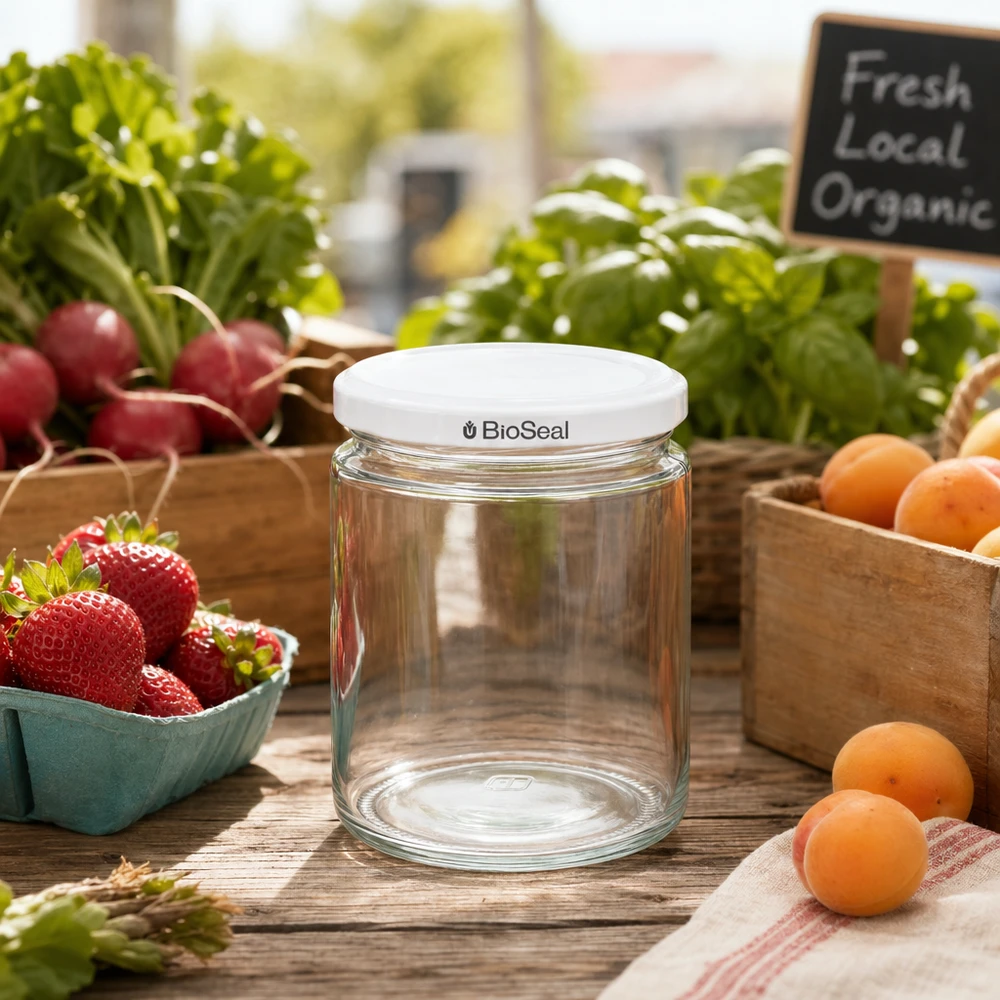 250ml Pot de miel BioSeal UNiTWIST vide sur table en bois avec fruits frais légumes du marché fermier Pot de conservation