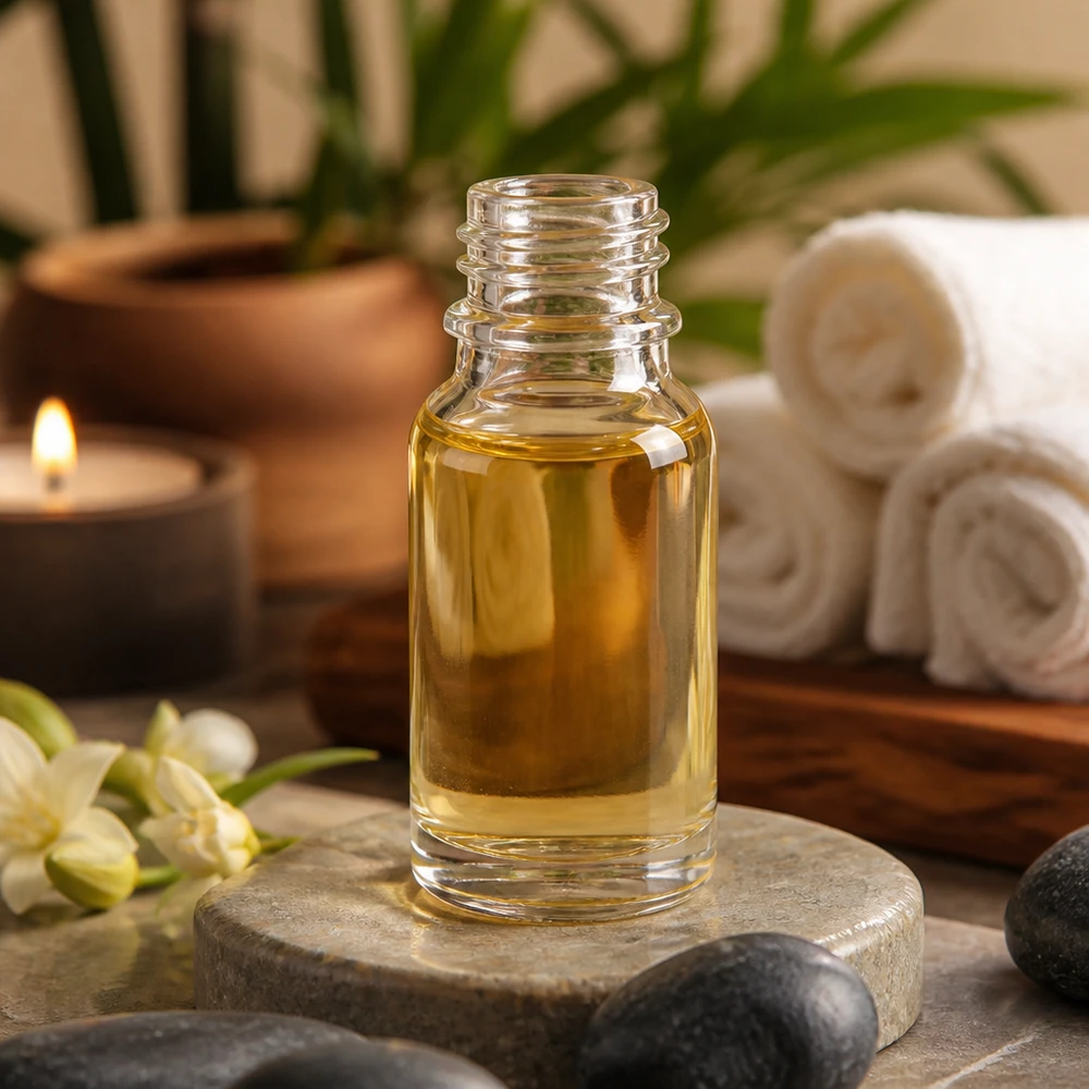 Flacon en verre transparent de 10 ml contenant de l'huile essentielle, présenté dans une ambiance spa avec une bougie et des serviettes