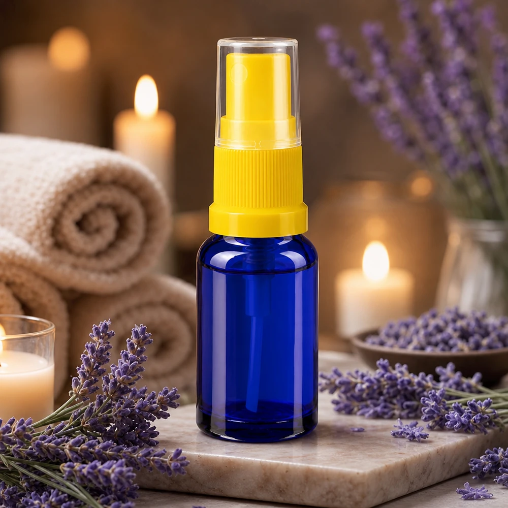 Flacon en verre miniature de 10 ml, bleu cobalt, avec vaporisateur jaune, destiné à l'aromathérapie