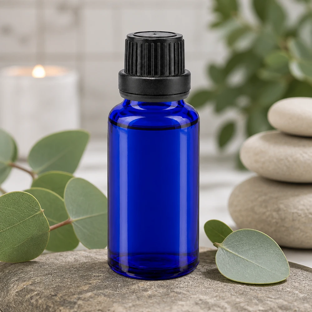 Flacon à pharmacie bleu 20ml bouchon à vis noir joint d'inviolabilité Petit flacon en verre bleu de 20 ml avec bouchon à vis à l'épreuve des enfants, destiné aux huiles essentielles