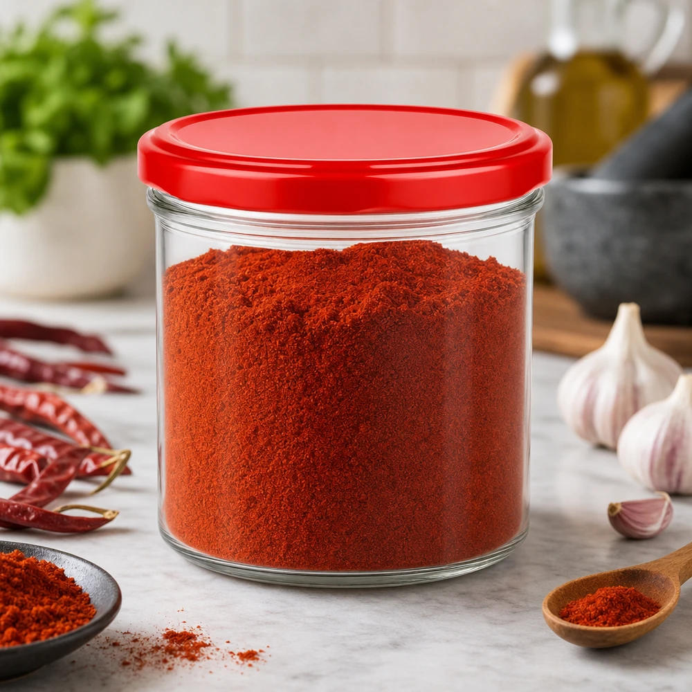 Pot cylindrique de 230ml avec couvercle rouge rempli de paprika en poudre dans la cuisine avec des épices et de l'ail