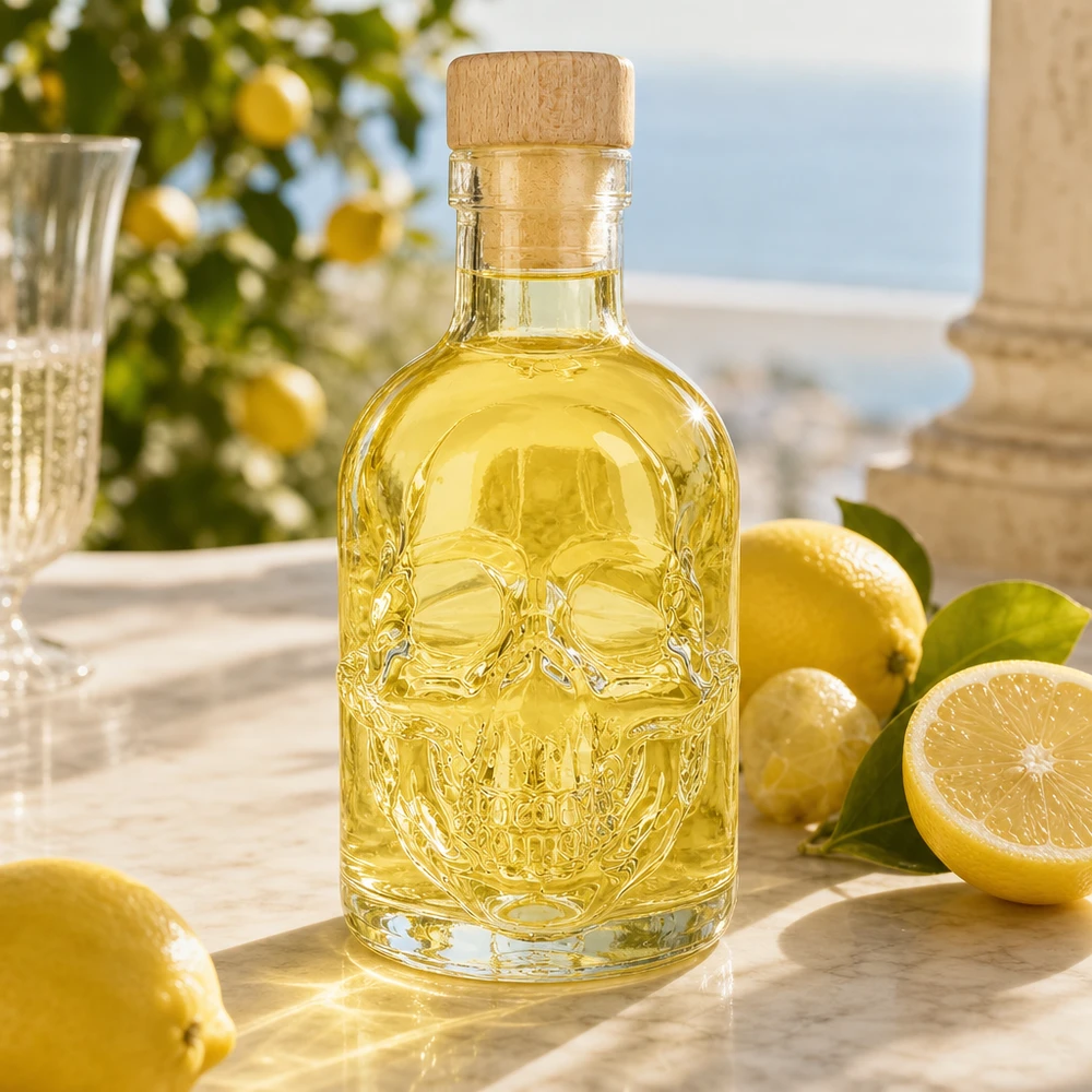 Bouteille en verre 200 ml « Jack » avec bouchon en bois UNiTWIST® Dekorative Glasflasche Jack 200ml mit gelbem Inhalt zwischen Zitronen, stilvolle Küchendeko mit Totenkopf-Relief